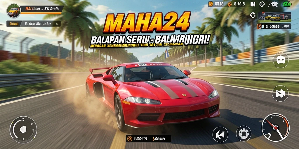 Screenshot utama MAHA24 menampilkan aksi balapan seru di lintasan penuh tantangan.