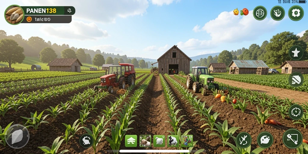 Tampilan gameplay <strong>PANEN138</strong> dengan ladang hijau yang subur dan hewan ternak beragam.