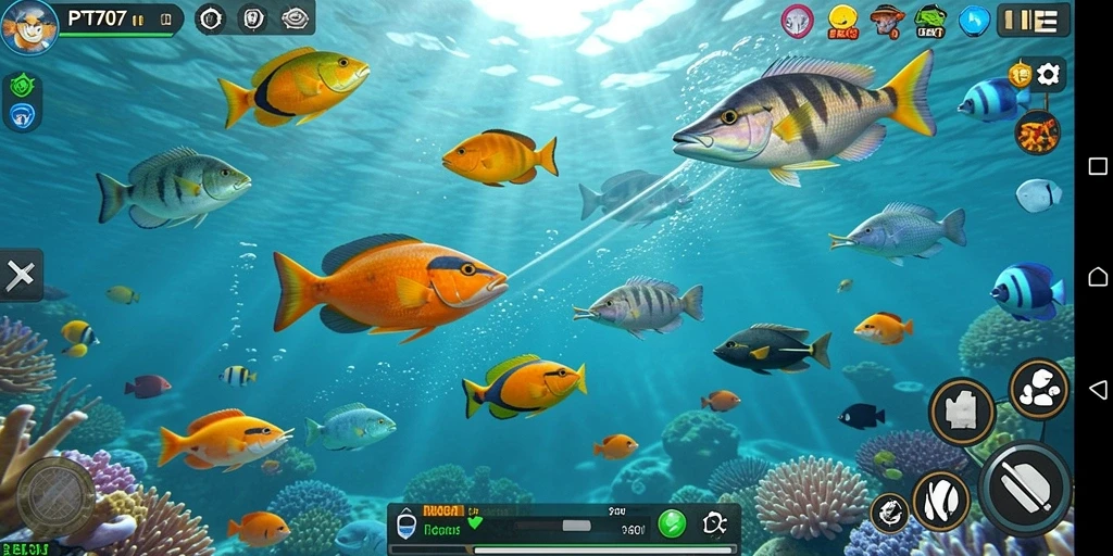 Screenshot gameplay PT707 dengan berbagai ikan yang menunggu untuk ditembak.