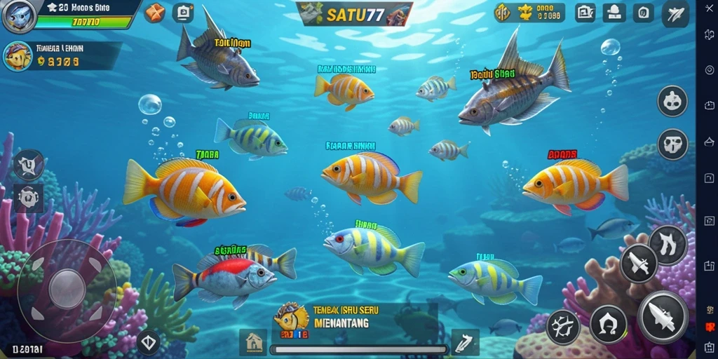 Screenshot utama SATU77 menampilkan aksi seru dalam menembak ikan.